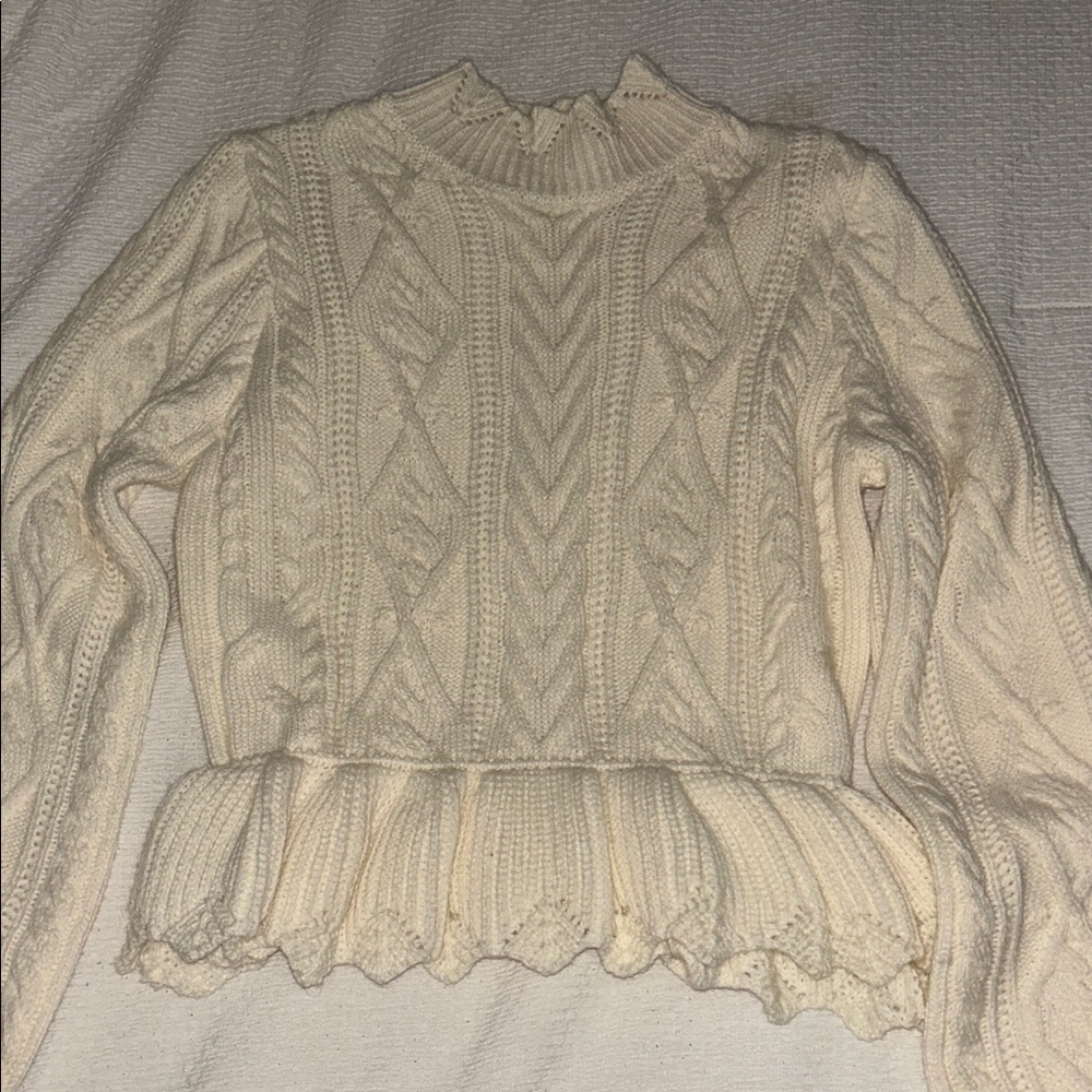 Chic Cream Ruffle Hem Turtleneck Sweater